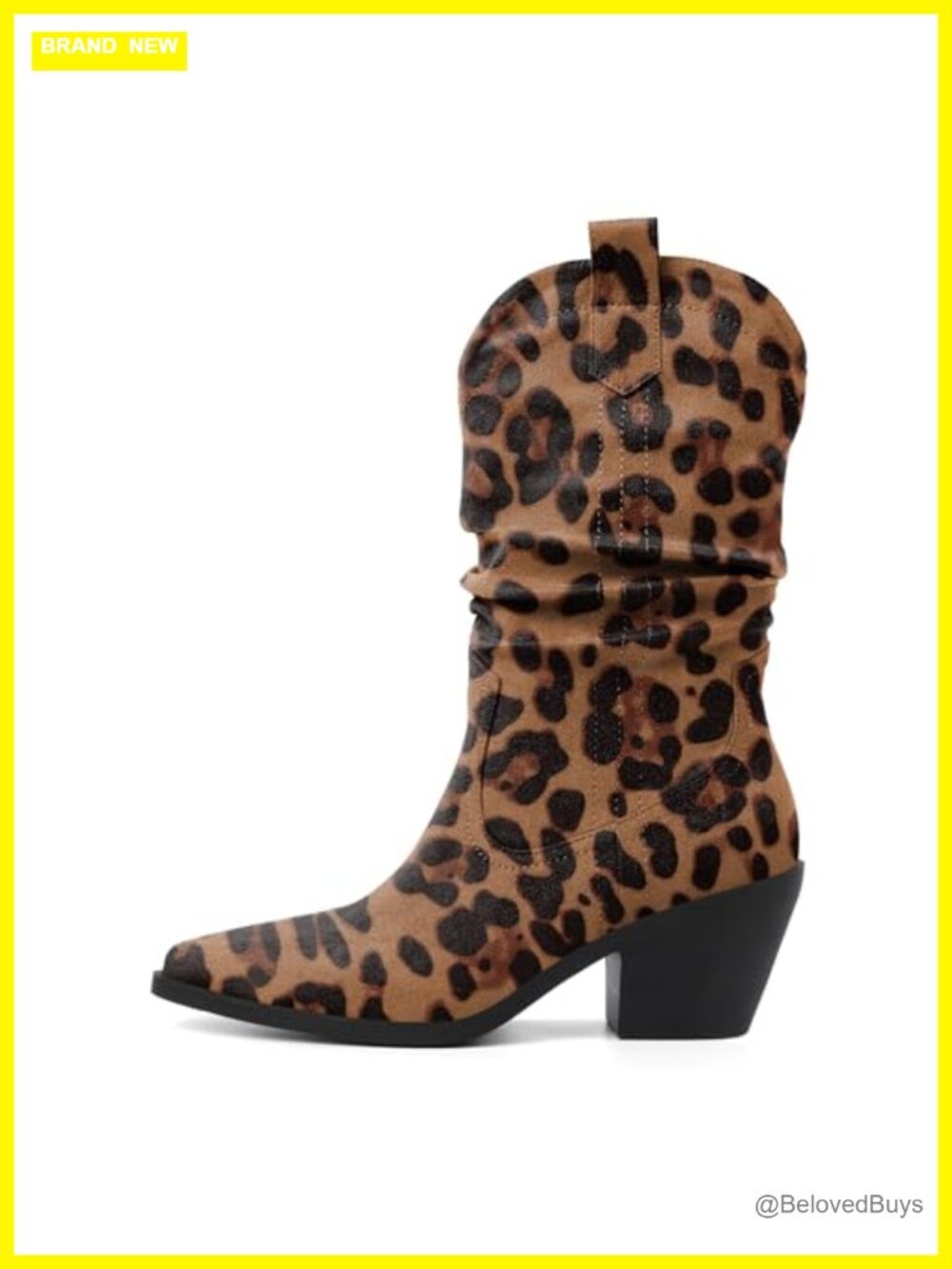 Slouchy Mid-Calf Western Boots Faux Suede Leather Pointed Toe Block Heel